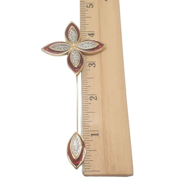 Vtg Monet Quatrefoil Stick Lapel Pin Brooch 4" Red Enamel Gold Tone Rhinestone - Picture 5 of 8